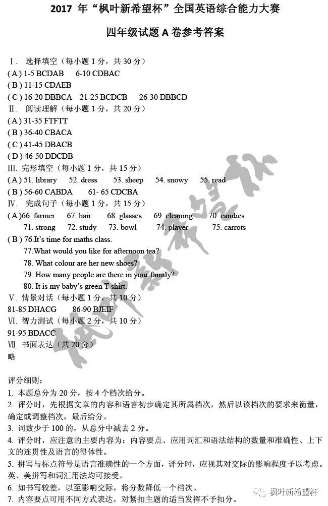 2017年全国英语综合能力大赛四年级试题A卷(图9)